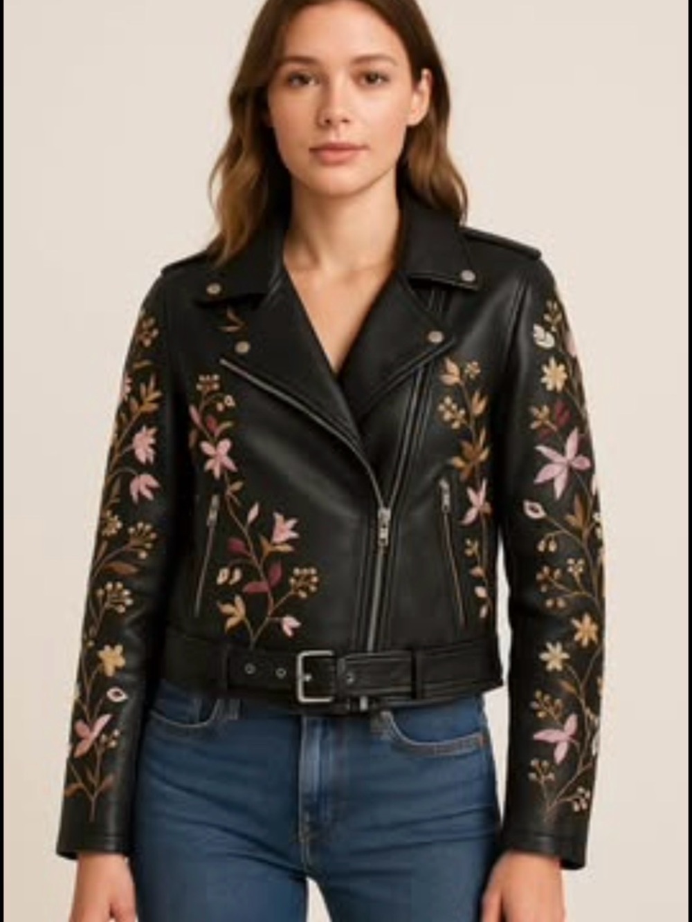 Black Floral Embroidered Moto Jacket